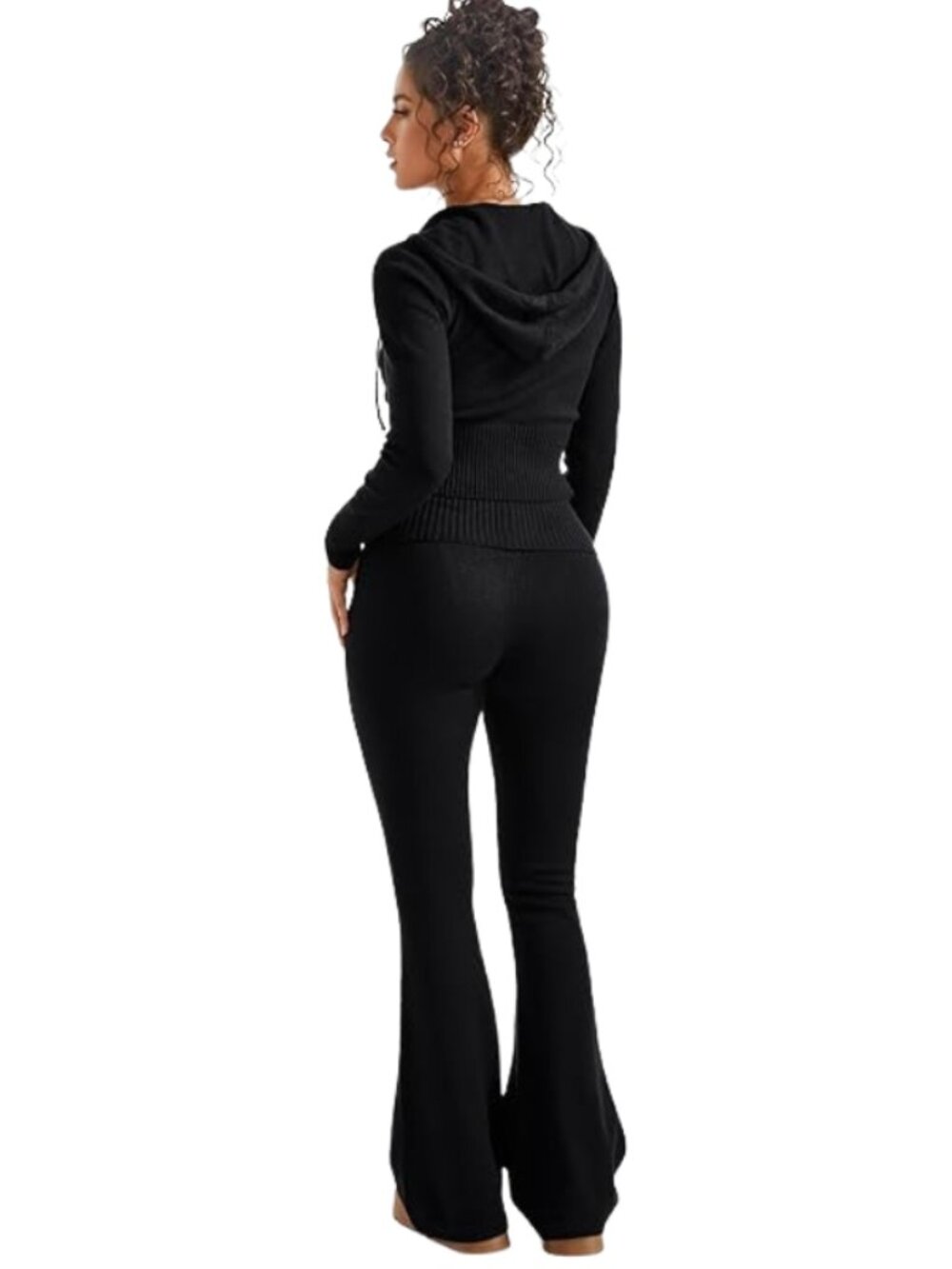 2 Piece Knit Set Cropped Zip Up Hoodie Foldover Flare Leg Pants Sweatsuit - Picture 5 of 7